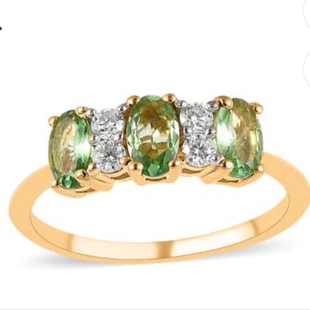 Genuine Tsavorite Garnets & Moissanite Ring 18k Gold over 925 Size 8! NEW